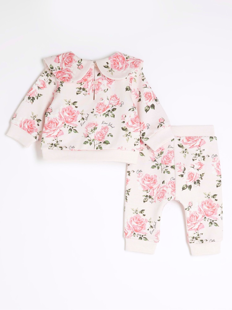 River Island Pink Baby Girls Rose Print Sweat Top & Joggers Set - Image 2 of 5