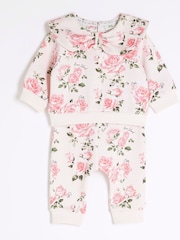 River Island Pink Baby Girls Rose Print Sweat Top & Joggers Set - Image 3 of 5
