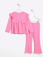 River Island Pink Girls Bow Peplum Kickflare Set - Image 1 of 1