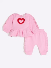 River Island Pink Baby Girls Ruffle Trimmed Sweat Top & Joggers Set - Image 1 of 5