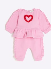 River Island Pink Baby Girls Ruffle Trimmed Sweat Top & Joggers Set - Image 2 of 5