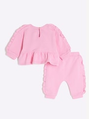 River Island Pink Baby Girls Ruffle Trimmed Sweat Top & Joggers Set - Image 3 of 5