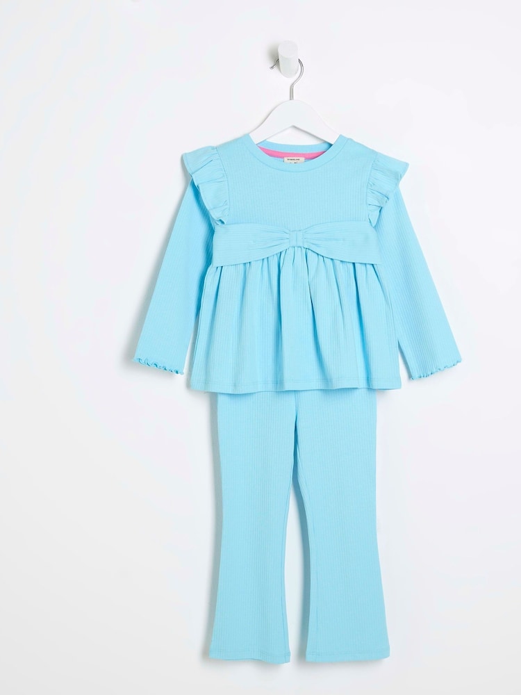أزرق - طقم بتصميم واسع من أسفل ومزين بفيونكة وكشكشة للبنات من River Island - صورة 1 من 5 أزرق - طقم بتصميم واسع من أسفل ومزين بفيونكة وكشكشة للبنات من River Island - صورة 1 من 5