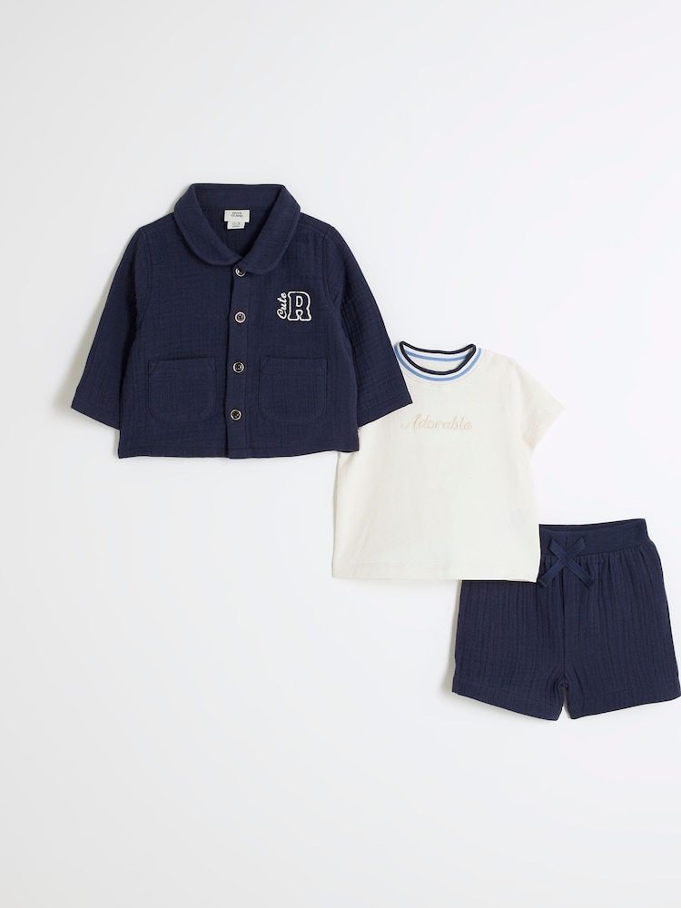 River Island Blue Baby Boys 100% Cotton Shorts and Shacket Set - Image 1 of 5