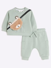 River Island Green Green Baby Boys Fleece Bear Sweatshirt Set - Image 1 of 5