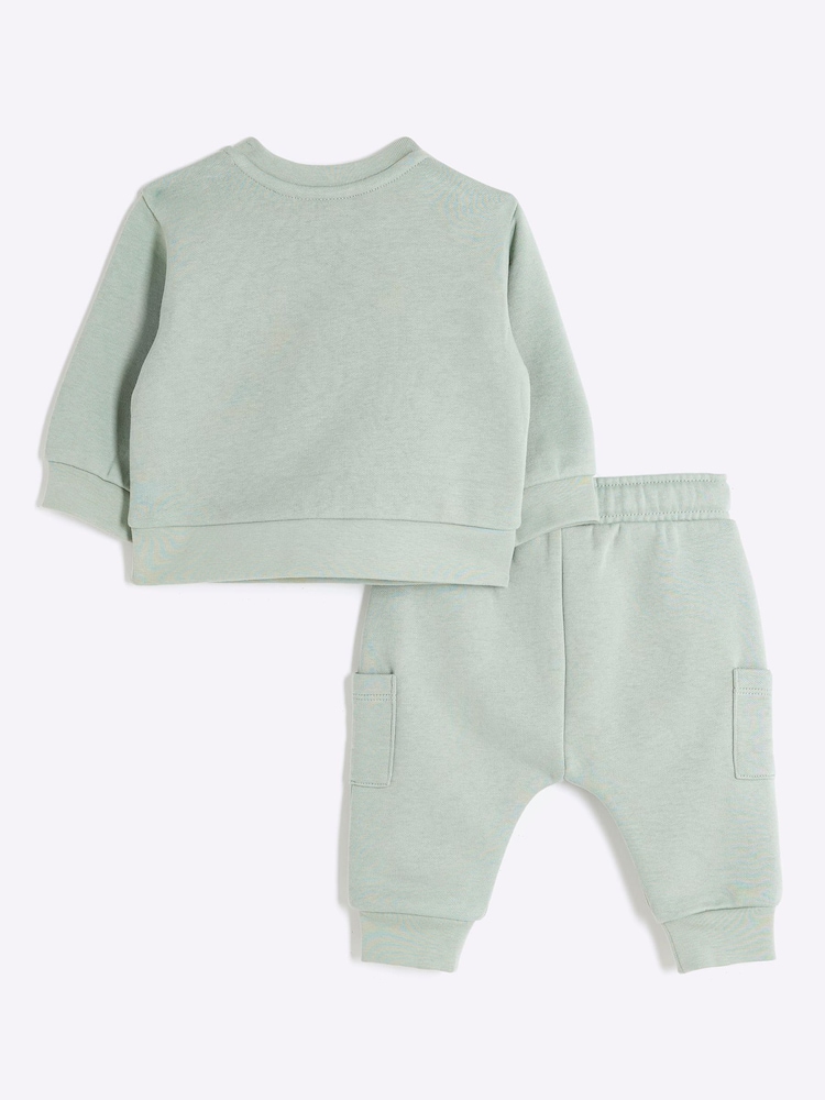 River Island Green Green Baby Boys Fleece Bear Sweatshirt Set - Image 2 of 5