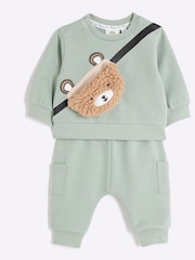River Island Green Green Baby Boys Fleece Bear Sweatshirt Set - Image 3 of 5