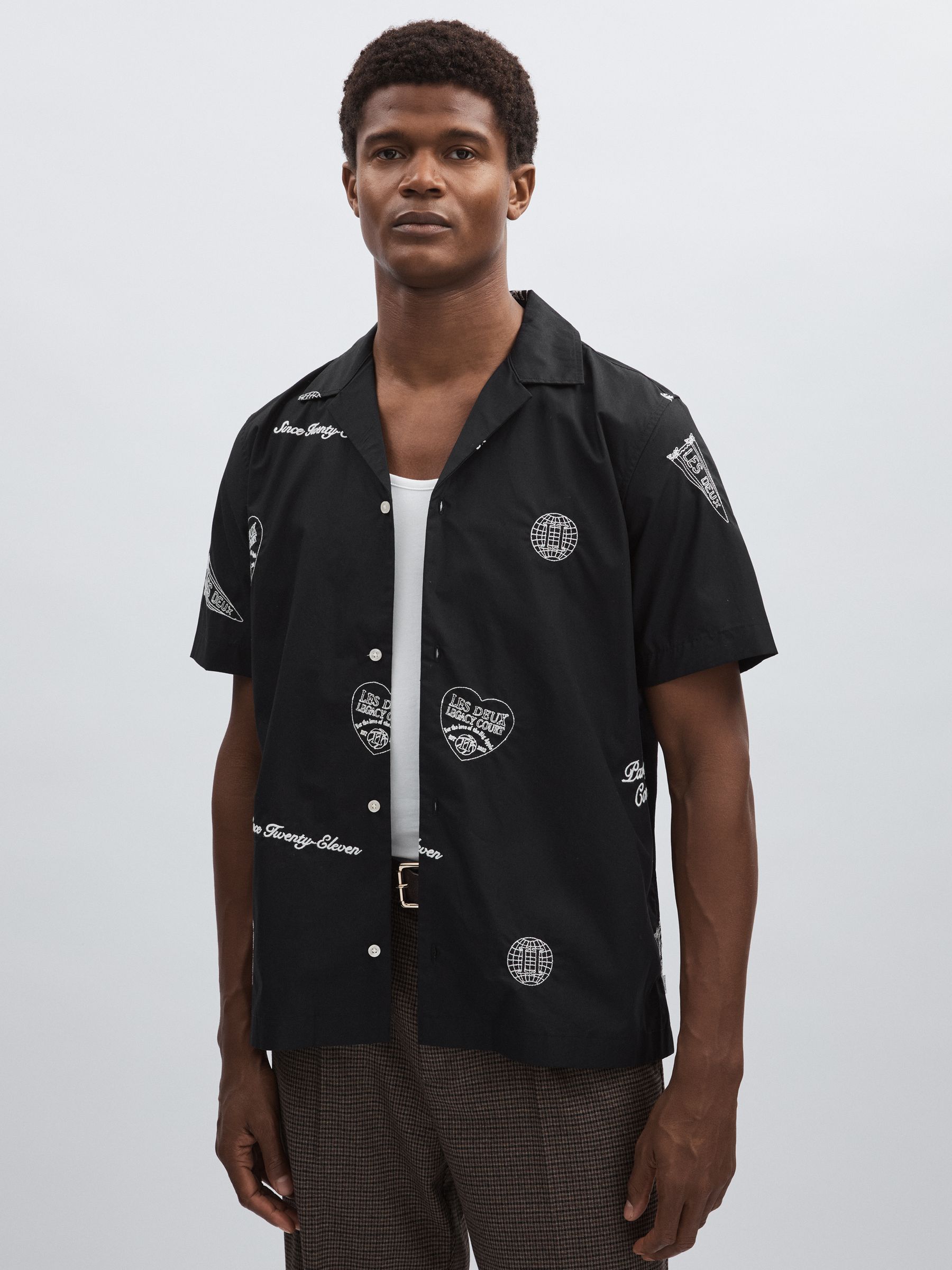 Les Deux Black Print 100% Organic Cotton Embroidered Shirt