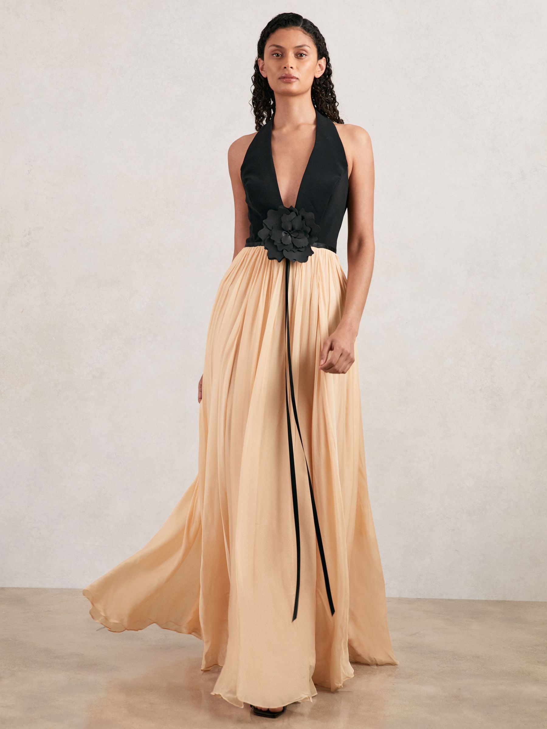 Halston Crepe And Chiffon Maxi Dress In Neutral