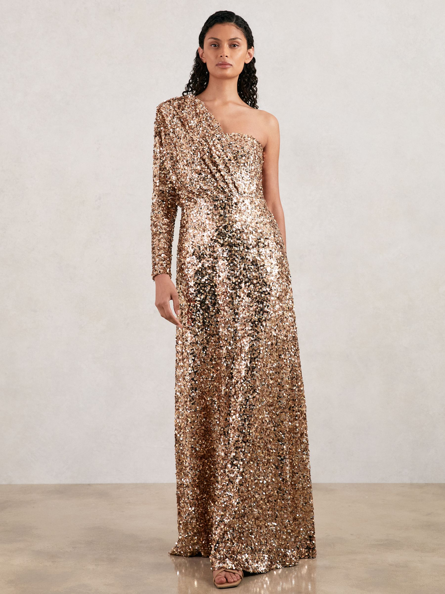 Halston Ramona One-shoulder Sequin Gown In Gold