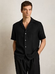 Reiss Black Beldi Linen Cuban-Collar Shirt - Image 1 of 6