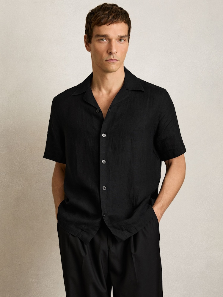 Reiss Black Beldi Linen Cuban-Collar Shirt - Image 1 of 6