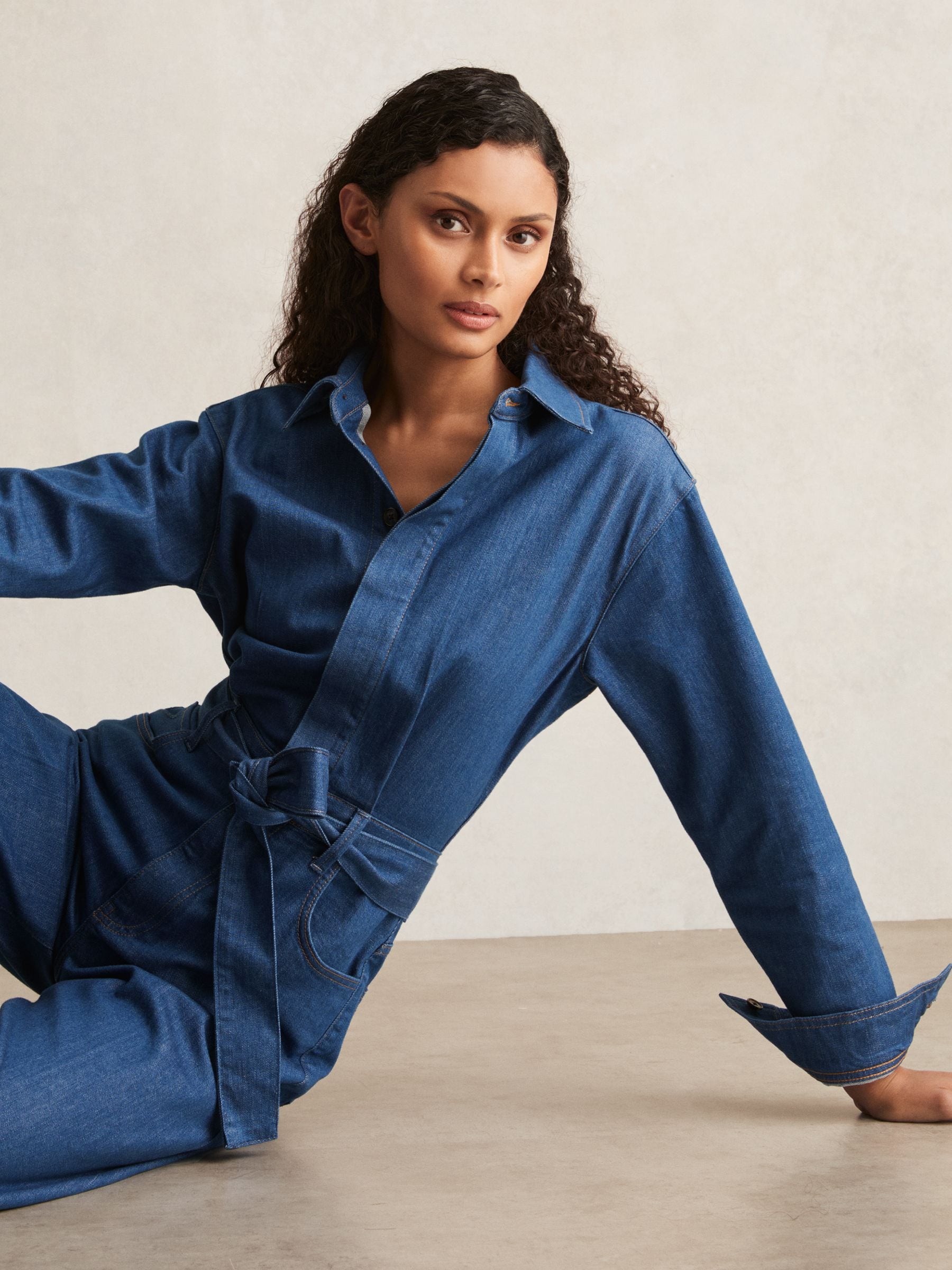 Paige Maraya Blue Wide Leg Belted Denim Jumpsuit In Blue
