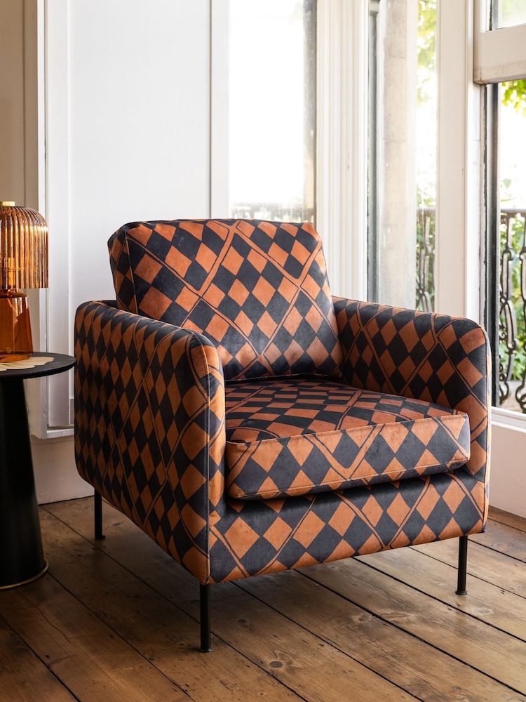 Rockett St George Caramel Brown Check Velvet The Edie Accent Chair - Image 1 of 7