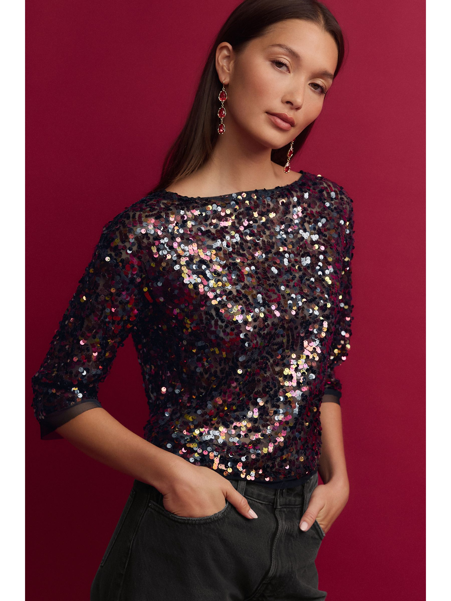 Buy Black Pink Sequin Quarter Sleeve Mesh Top from Next Luxembourg