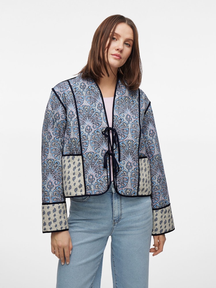 VILA Grey Paisley Printed Tie Front Quilted Jacket - Image 1 of 6