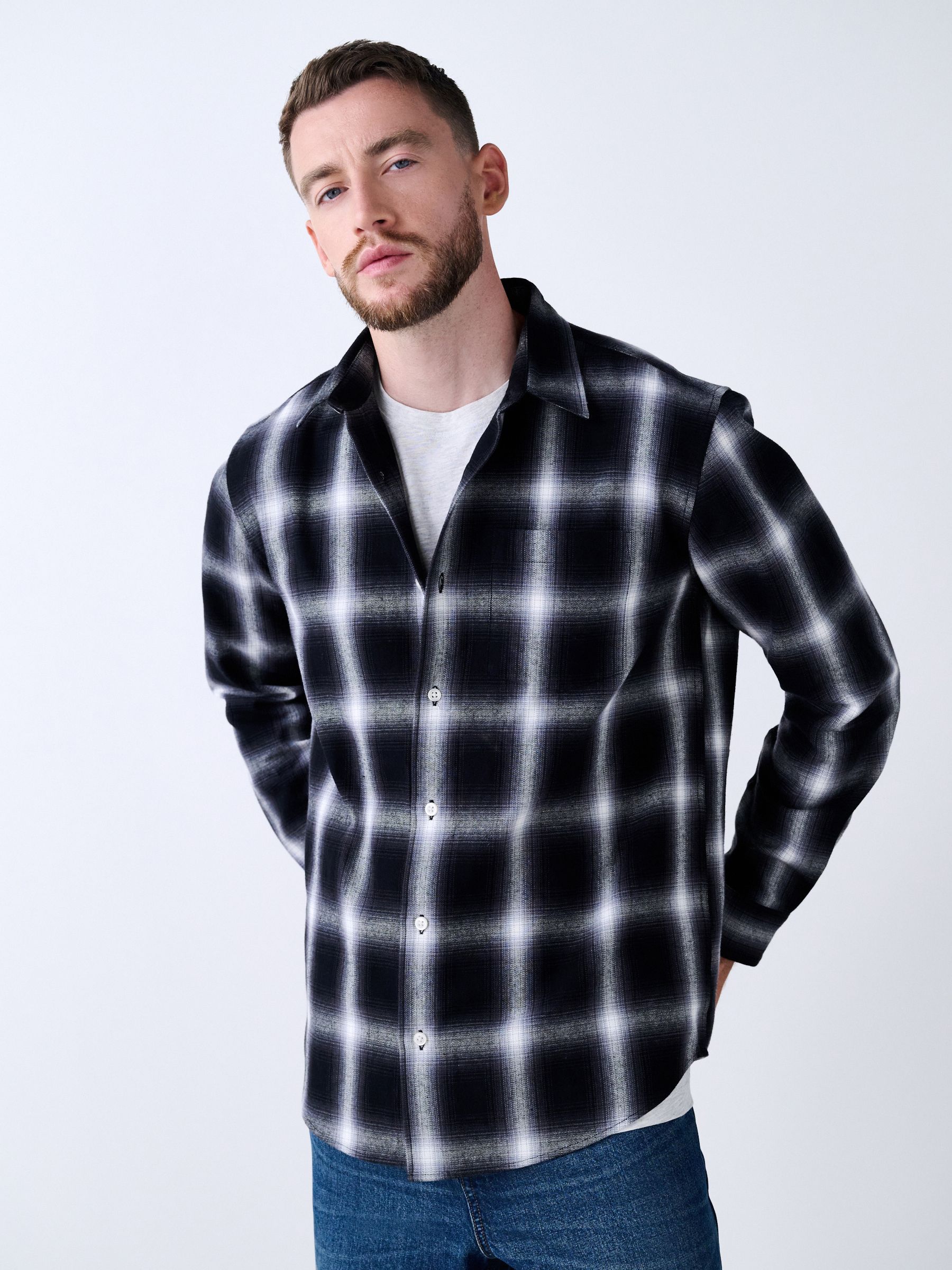 Buy Black/White Back Printed Long Sleeve Check Shirt from the Next Buy Black/White Back Printed Long Sleeve Check Shirt from the Next