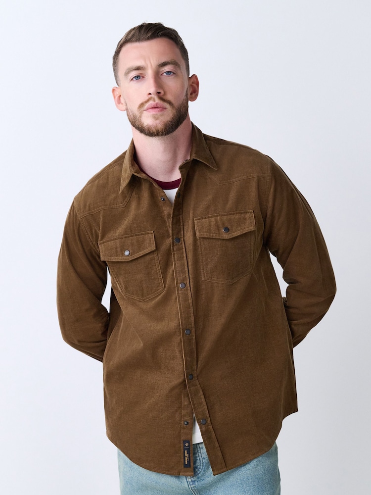 Tan Brown Western Styling Long Sleeve Cord Shirt - Image 1 of 9
