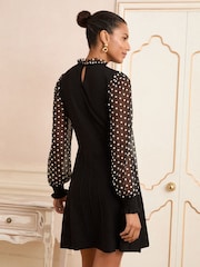 Love & Roses Black Floral Spot Frill Neck Petite Chiffon Sleeve Knitted Mini Dress - Image 2 of 4