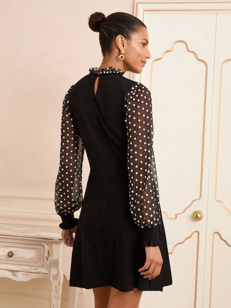 Love & Roses Black Floral Spot Frill Neck Petite Chiffon Sleeve Knitted Mini Dress - Image 2 of 4