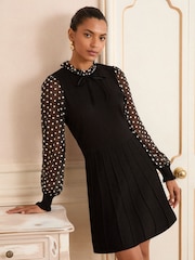 Love & Roses Black Floral Spot Frill Neck Petite Chiffon Sleeve Knitted Mini Dress - Image 3 of 4