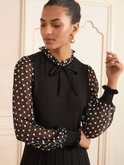 Love & Roses Black Floral Spot Frill Neck Petite Chiffon Sleeve Knitted Mini Dress - Image 4 of 4