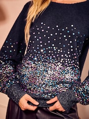 Love & Roses Navy Blue Multi Petite Sequin Detail Knitted Jumper - Image 2 of 4