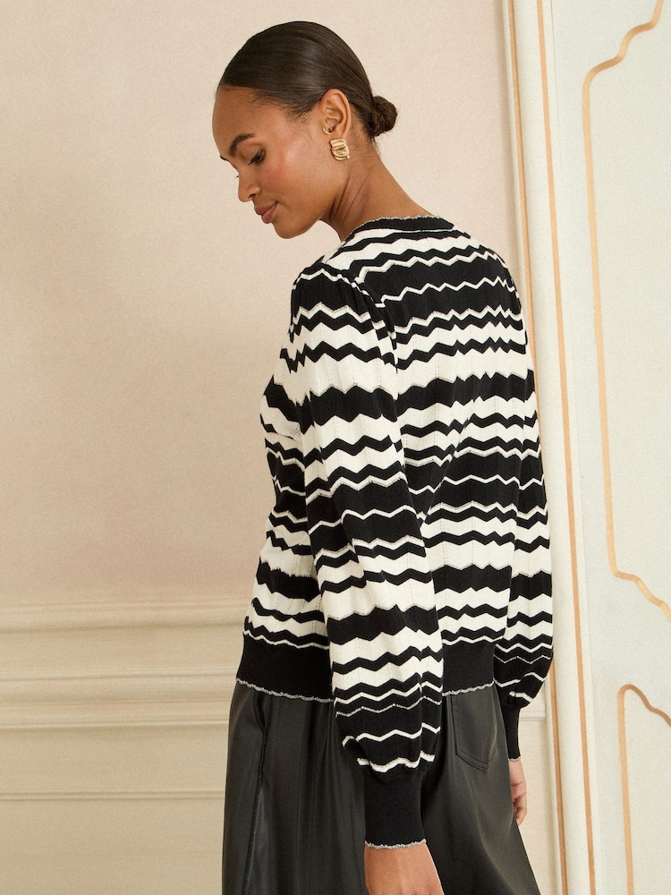 Love & Roses Black and White Chevron Knitted Cardigan - Image 1 of 4 Love & Roses Black and White Chevron Knitted Cardigan - Image 1 of 4