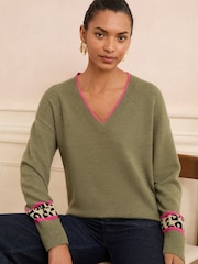 Love & Roses Khaki Animal Stripe Petite Print V-Neck Cosy Knit Jumper - Image 1 of 4