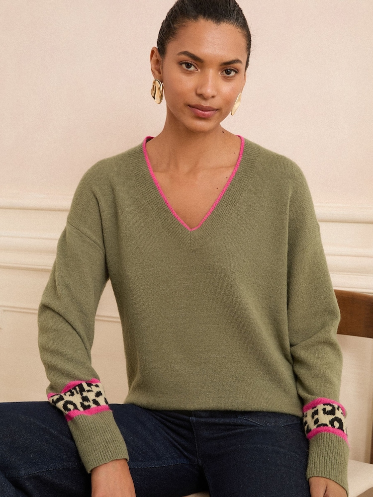 Love & Roses Khaki Animal Stripe Petite Print V-Neck Cosy Knit Jumper - Image 1 of 4