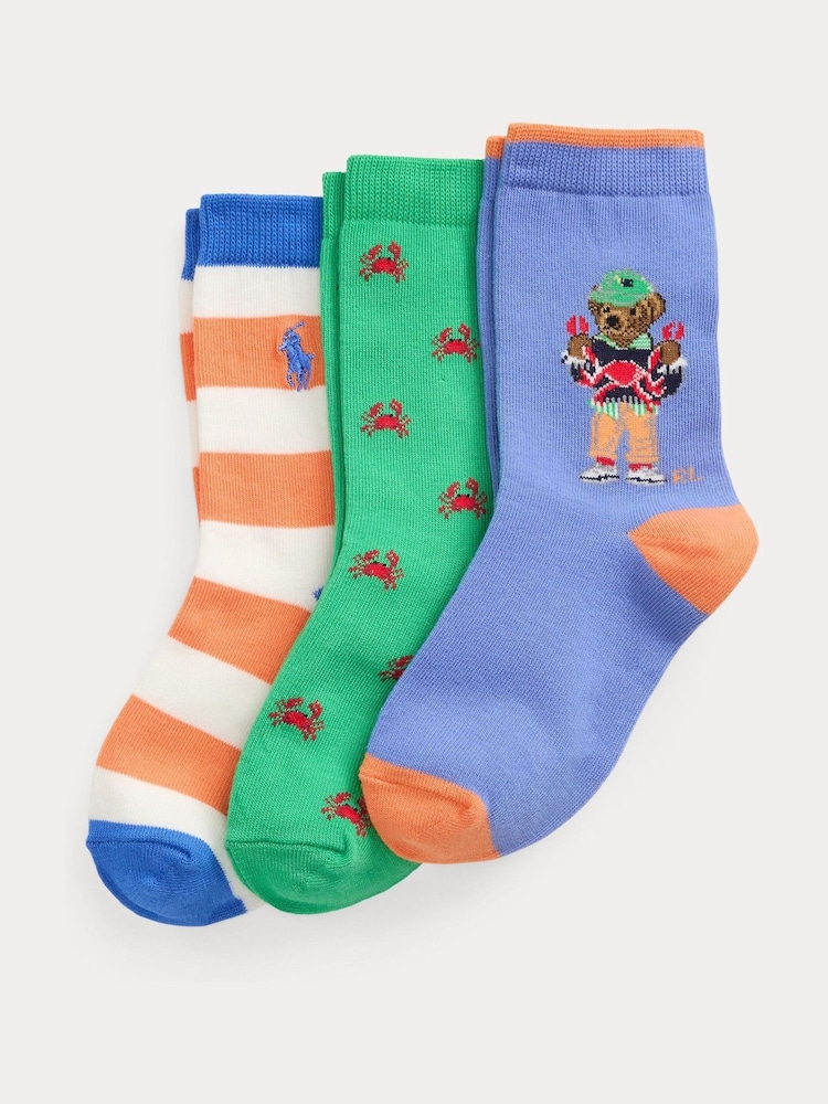 Polo Ralph Lauren Blue Lauren Boys Polo Bear Crab Stripe Socks 3 Pack - Image 1 of 1