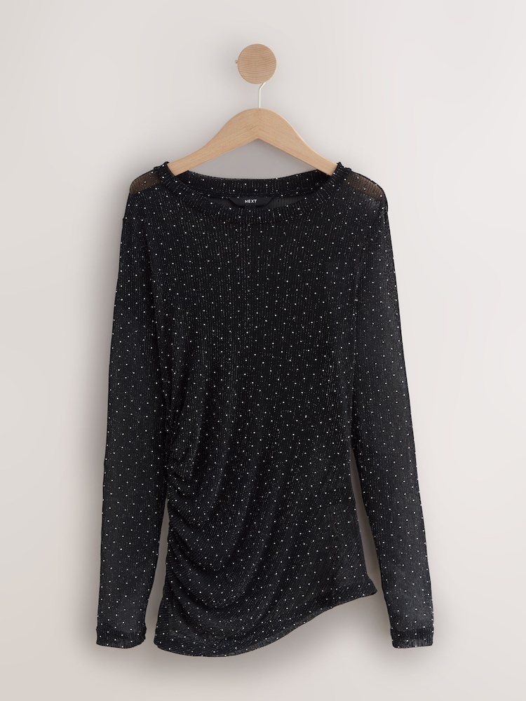 Silver/Black Crew Neck Sheer Sparkle Ruched Long Sleeve Top - Image 1 of 3