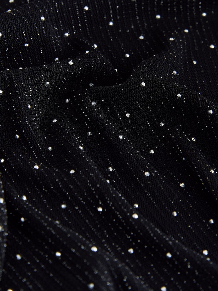 Silver/Black Crew Neck Sheer Sparkle Ruched Long Sleeve Top - Image 2 of 3