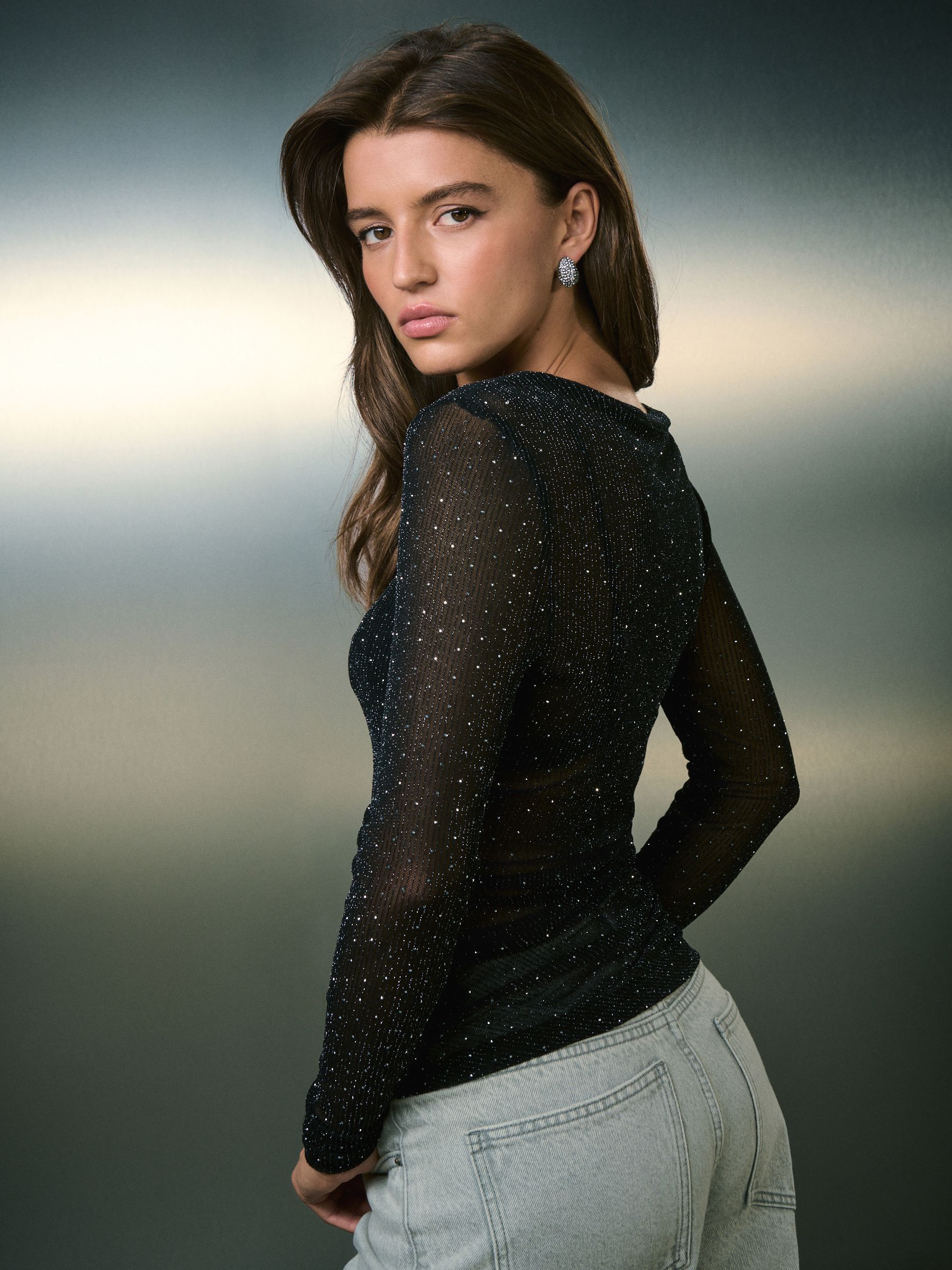 Buy Silver/Black Crew Neck Sheer Sparkle Ruched Long Sleeve Top