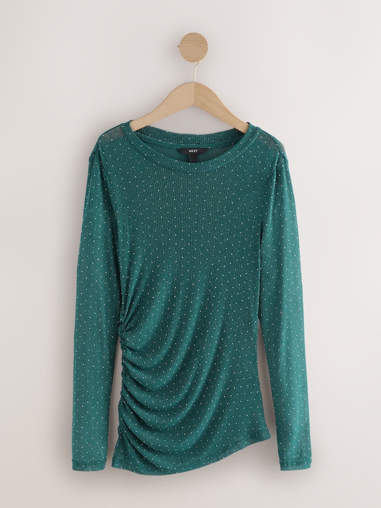 Teal Blue Crew Neck Sheer Sparkle Ruched Long Sleeve Top - Image 1 of 3