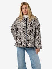 NOISY MAY Brown Leopard Print Quilted Zip Up Jacket - Image 1 of 4