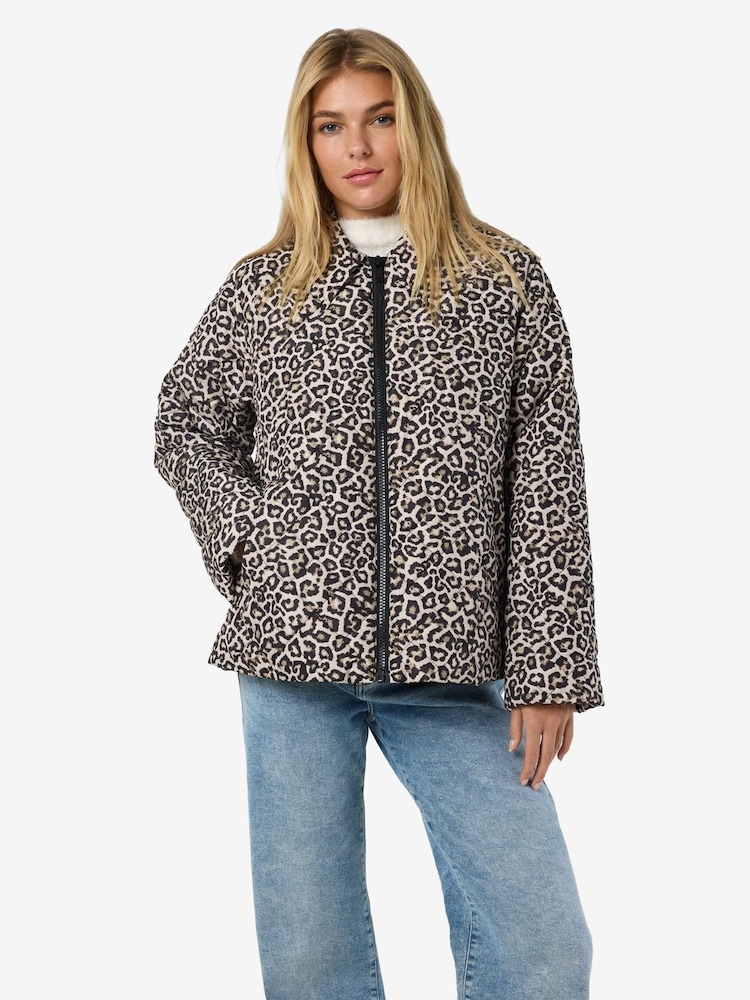 NOISY MAY Brown Leopard Print Quilted Zip Up Jacket - Image 1 of 4