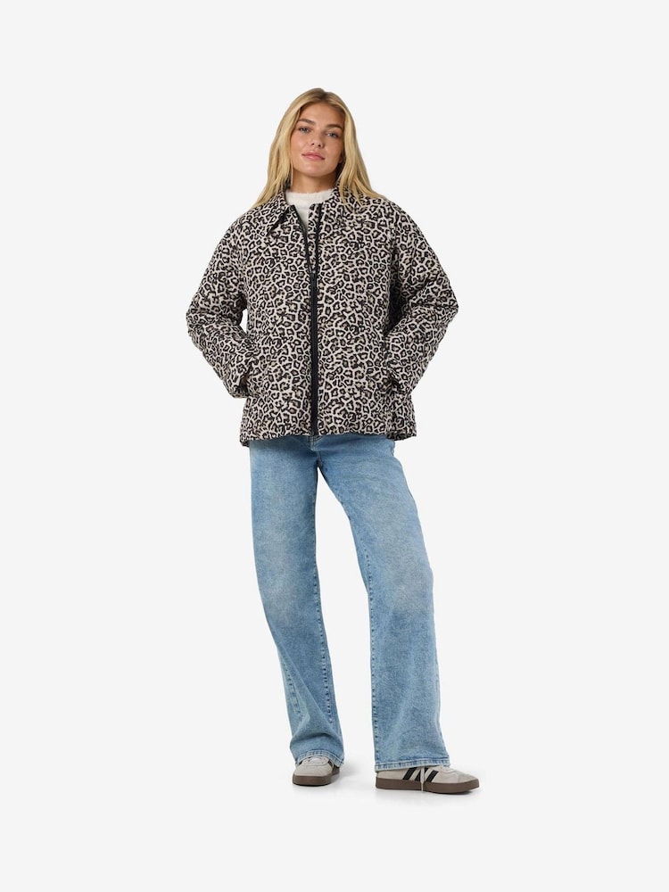 NOISY MAY Brown Leopard Print Quilted Zip Up Jacket - Image 3 of 4