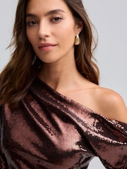 Brown Sequin Longsleeve Drape Top - Image 1 of 8