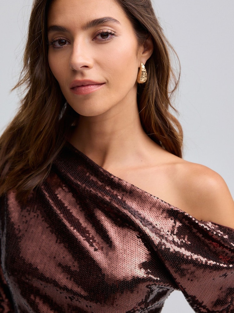 Brown Sequin Longsleeve Drape Top - Image 1 of 8