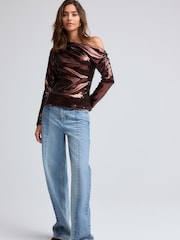 Brown Sequin Longsleeve Drape Top - Image 2 of 8