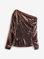 Brown Sequin Longsleeve Drape Top - Image 6 of 8