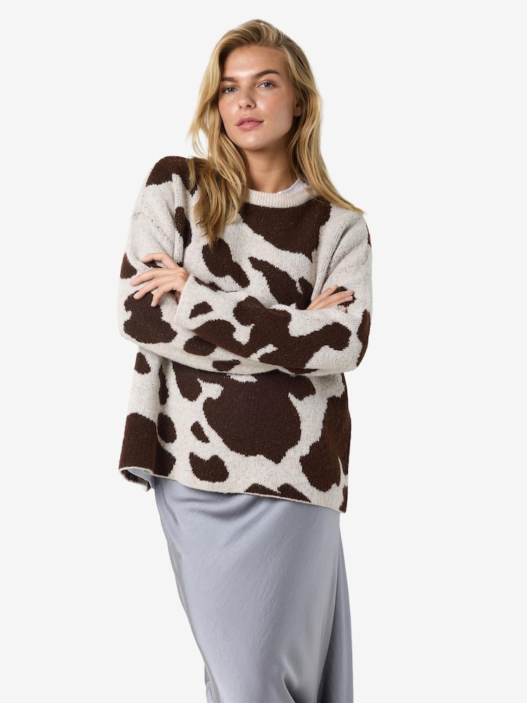 NOISY MAY Cream Animal Cow Print Jumper - Image 1 of 4