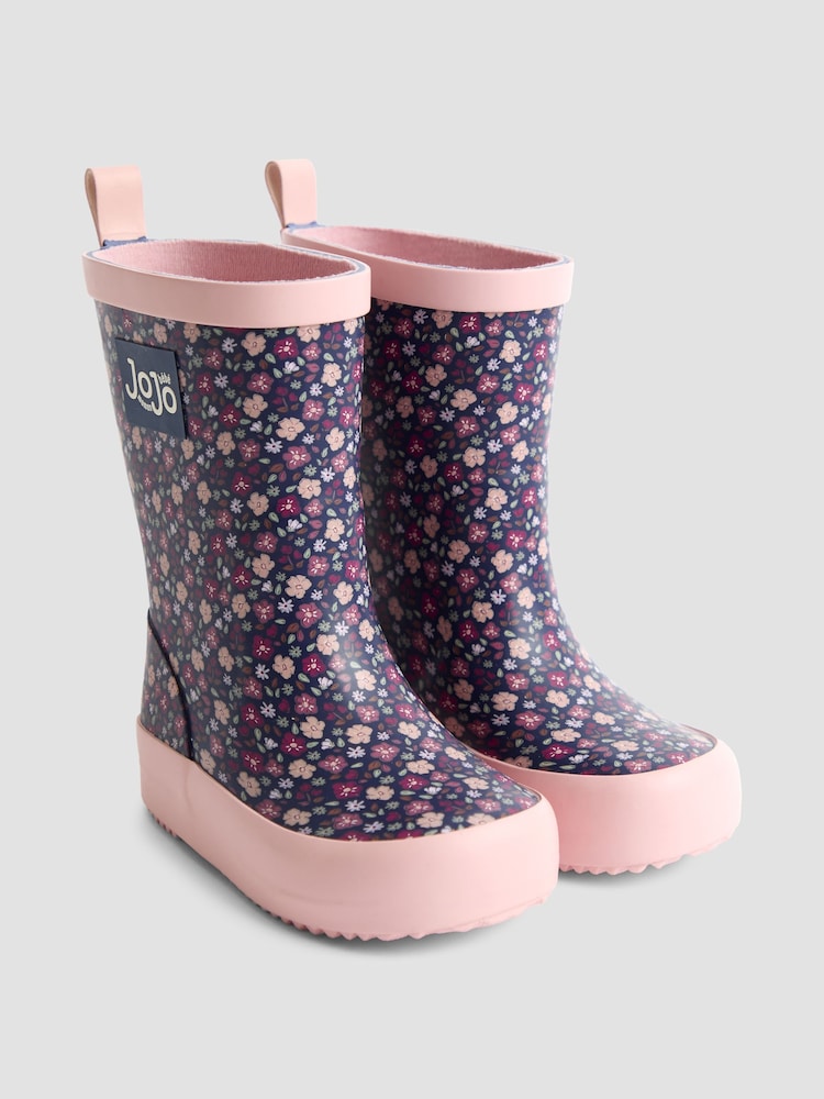 JoJo Maman Bébé Navy Blue Floral Cosy Lined Boot - Image 1 of 4 JoJo Maman Bébé Navy Blue Floral Cosy Lined Boot - Image 1 of 4
