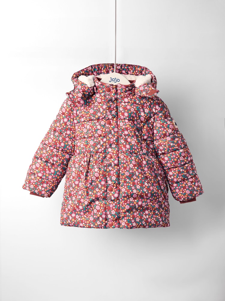 JoJo Maman Bébé Brown Floral Borg Lined Puffer Coat - Image 1 of 8 JoJo Maman Bébé Brown Floral Borg Lined Puffer Coat - Image 1 of 8