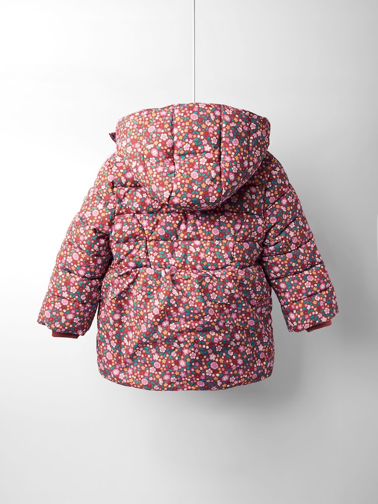 JoJo Maman Bébé Brown Floral Borg Lined Puffer Coat - Image 2 of 8 JoJo Maman Bébé Brown Floral Borg Lined Puffer Coat - Image 2 of 8