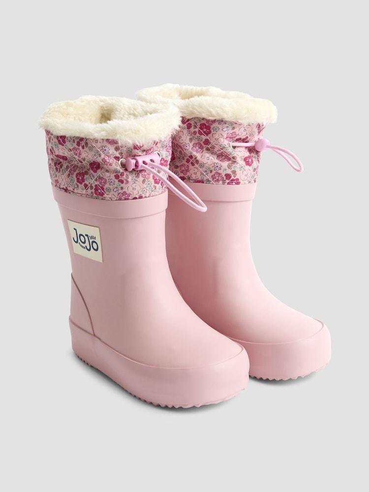 JoJo Maman Bébé Pale Pink Drawstring Cosy Lined Wellies - Image 1 of 4 JoJo Maman Bébé Pale Pink Drawstring Cosy Lined Wellies - Image 1 of 4