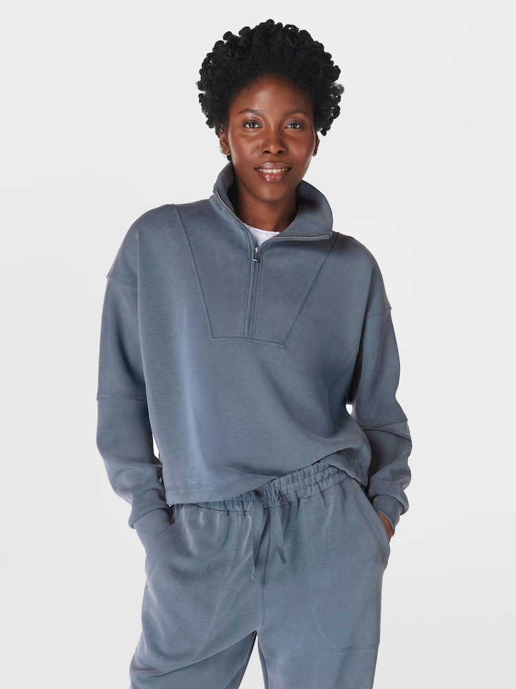Sweaty Betty Blue Sand Wash Funnel Neck Half Zip Sweatshirt - Image 1 of 7