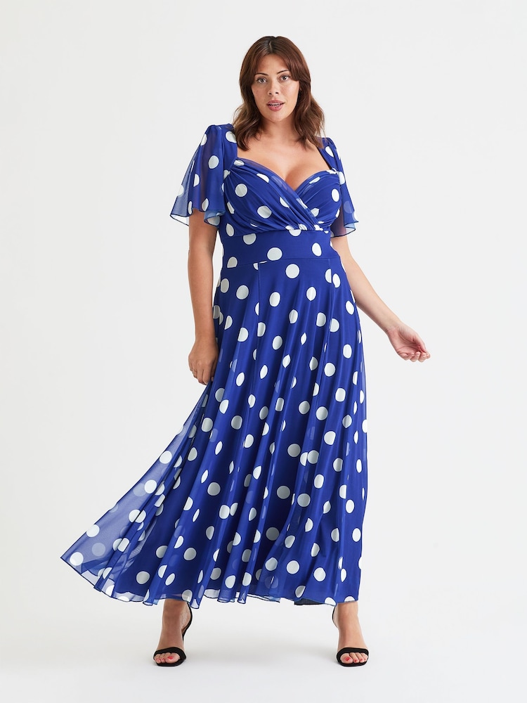 Scarlett & Jo Blue Kemi Spot Bolero Wrap Bodice Mesh Maxi Gown - Image 1 of 4