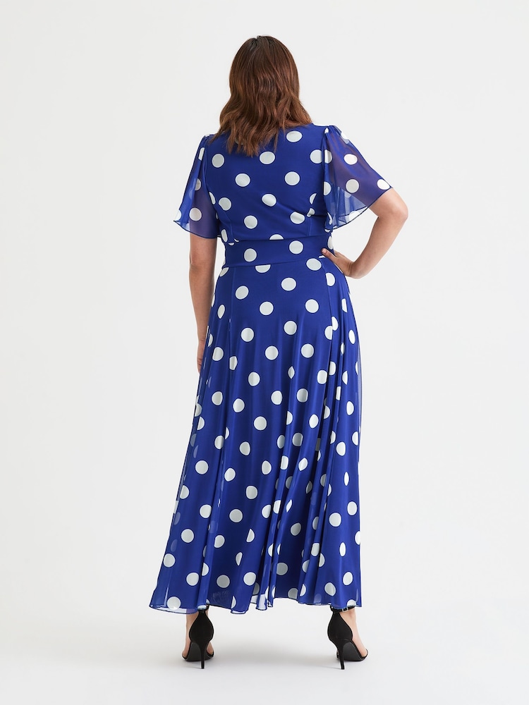 Scarlett & Jo Blue Kemi Spot Bolero Wrap Bodice Mesh Maxi Gown - Image 4 of 4